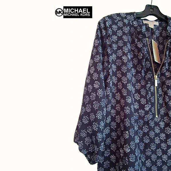 MICHAEL Michael Kors NEW Real Navy Vine-Leaf Zip 3/4 Sleeve Top - Picture 3 of 12